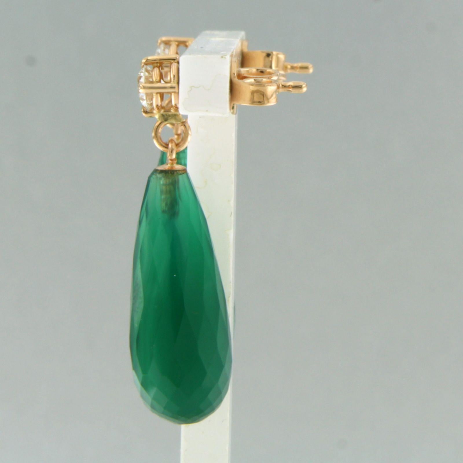 Earrings with green chalcedony and brilliant cut diamonds up to 0.42ct 18k gold In New Condition For Sale In The Hague, ZH