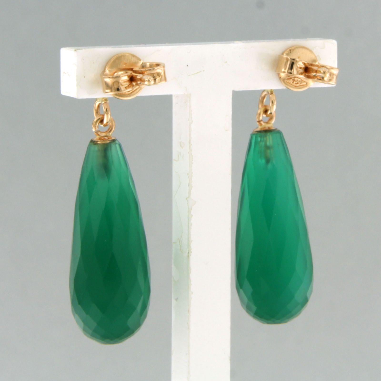 Women's Earrings with green chalcedony and brilliant cut diamonds up to 0.42ct 18k gold For Sale