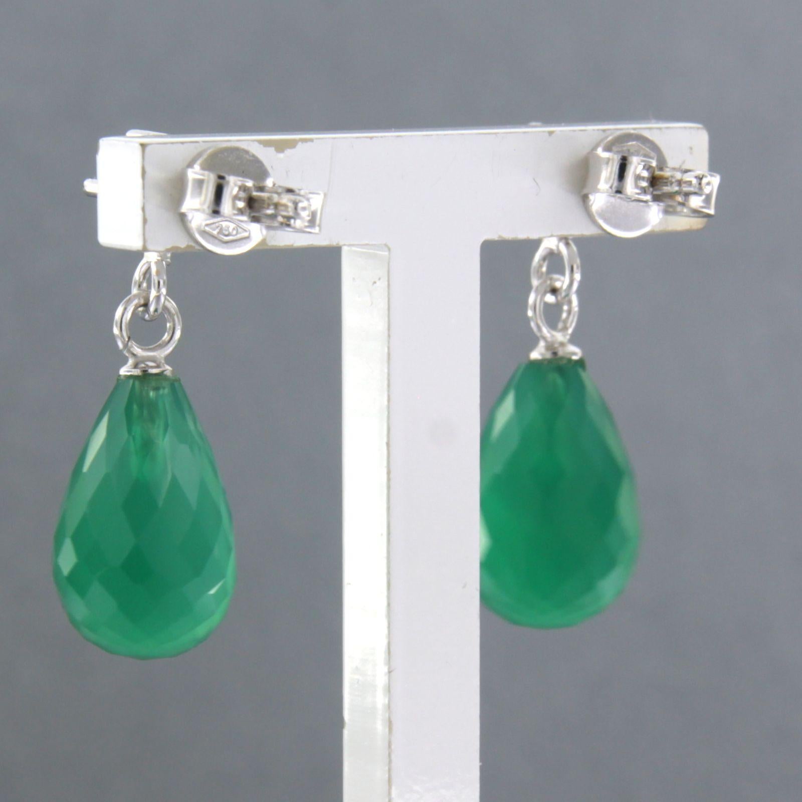 Women's Earrings with green chalcedony and brilliant cut diamonds up to 0.42ct 18k gold For Sale