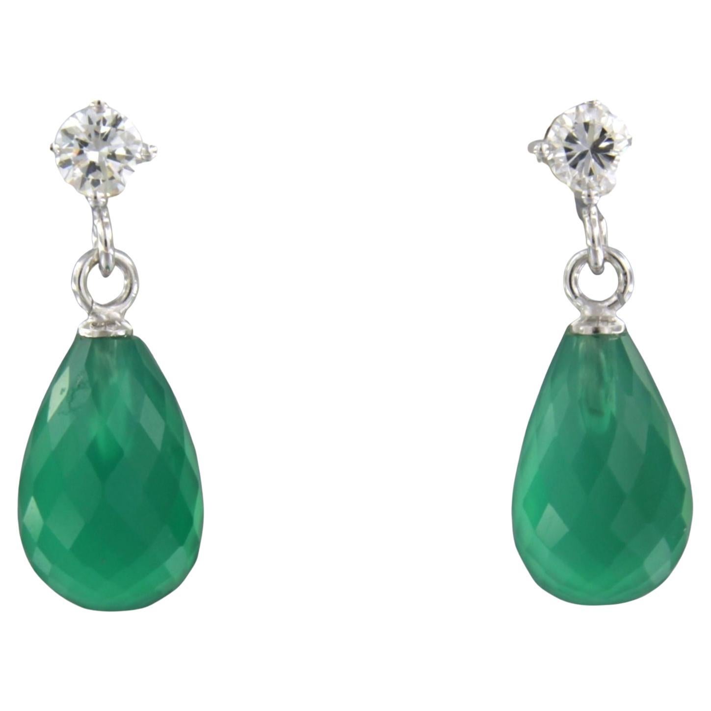 Earrings with green chalcedony and brilliant cut diamonds up to 0.42ct 18k gold For Sale