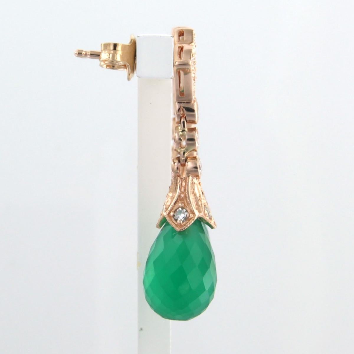 14k pink gold earrings set with chalcedony and single cut diamonds. 0.45ct - G/H - VS/SI 

detailed description

The dimensions of the earrings are 2.7 cm high and 8.3 mm wide

weight: 6.0 grams

occupied with :

- 2 x 9.0 mm x 7.0 mm drop facet cut