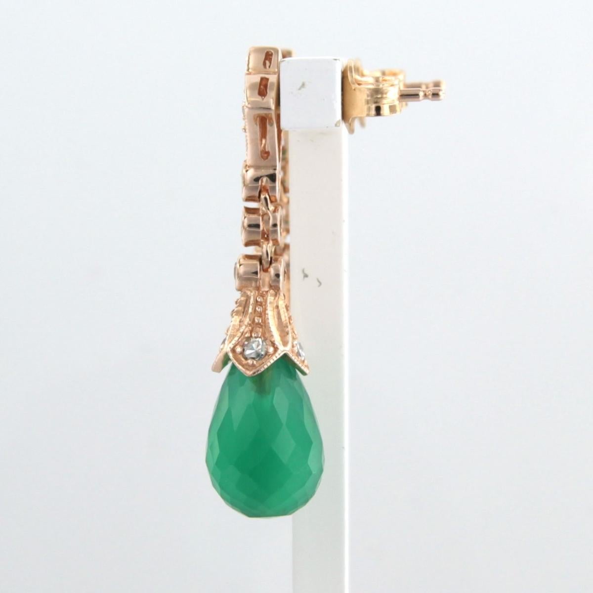Art Deco Earrings with green chalcedony and single cut diamonds up to0.45ct 14k pink gold For Sale