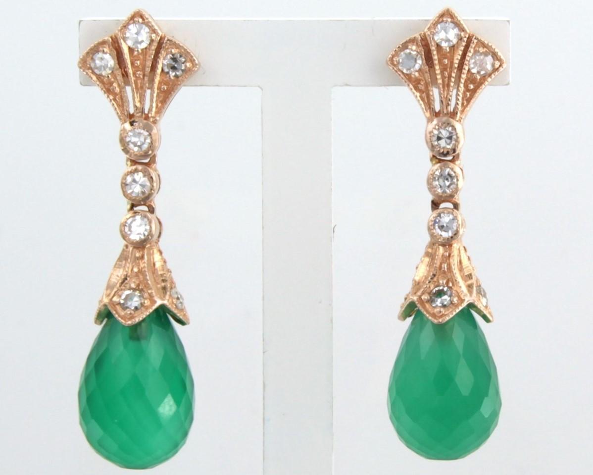 Art Deco Earrings with green chalcedony and single cut diamonds up to0.45ct 14k pink gold For Sale