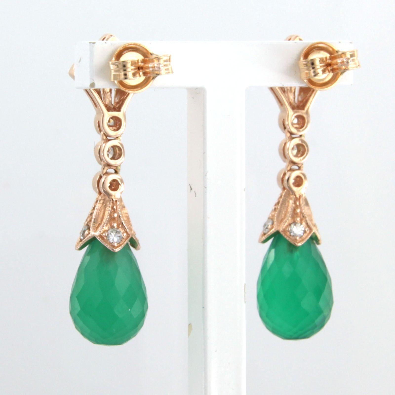 Single Cut Earrings with green chalcedony and single cut diamonds up to0.45ct 14k pink gold For Sale