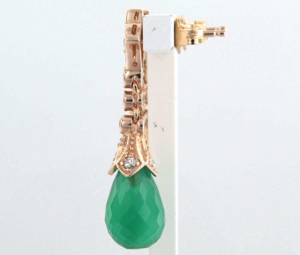 Single Cut Earrings with green chalcedony and single cut diamonds up to0.45ct 14k pink gold For Sale