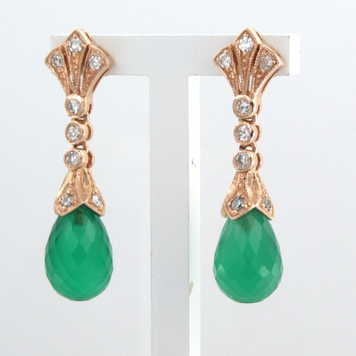 Earrings with green chalcedony and single cut diamonds up to0.45ct 14k pink gold In New Condition For Sale In The Hague, ZH