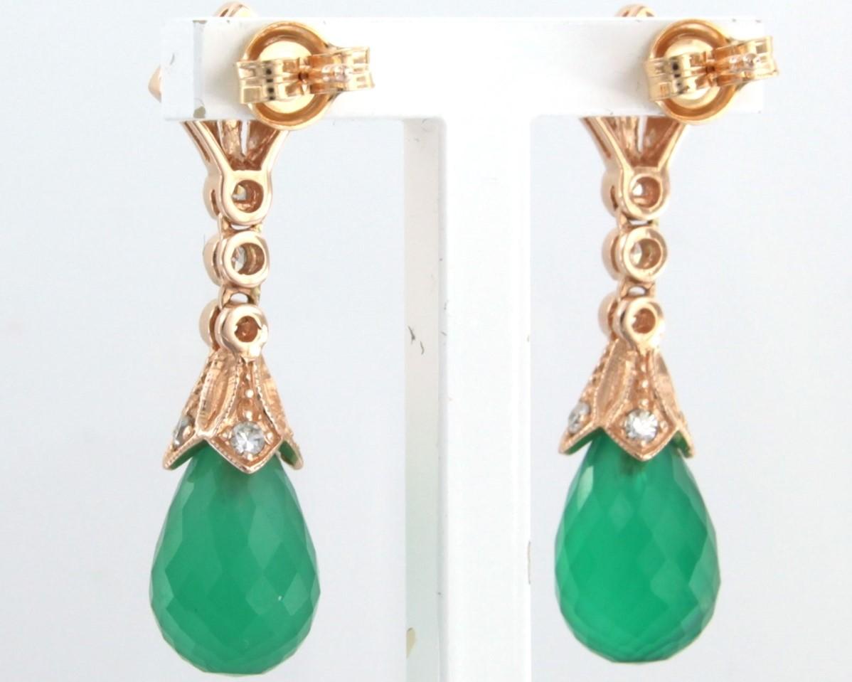 Earrings with green chalcedony and single cut diamonds up to0.45ct 14k pink gold In New Condition For Sale In The Hague, ZH