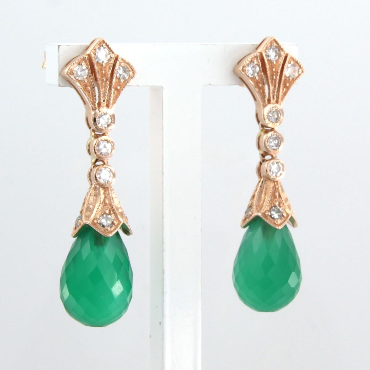Women's Earrings with green chalcedony and single cut diamonds up to0.45ct 14k pink gold For Sale