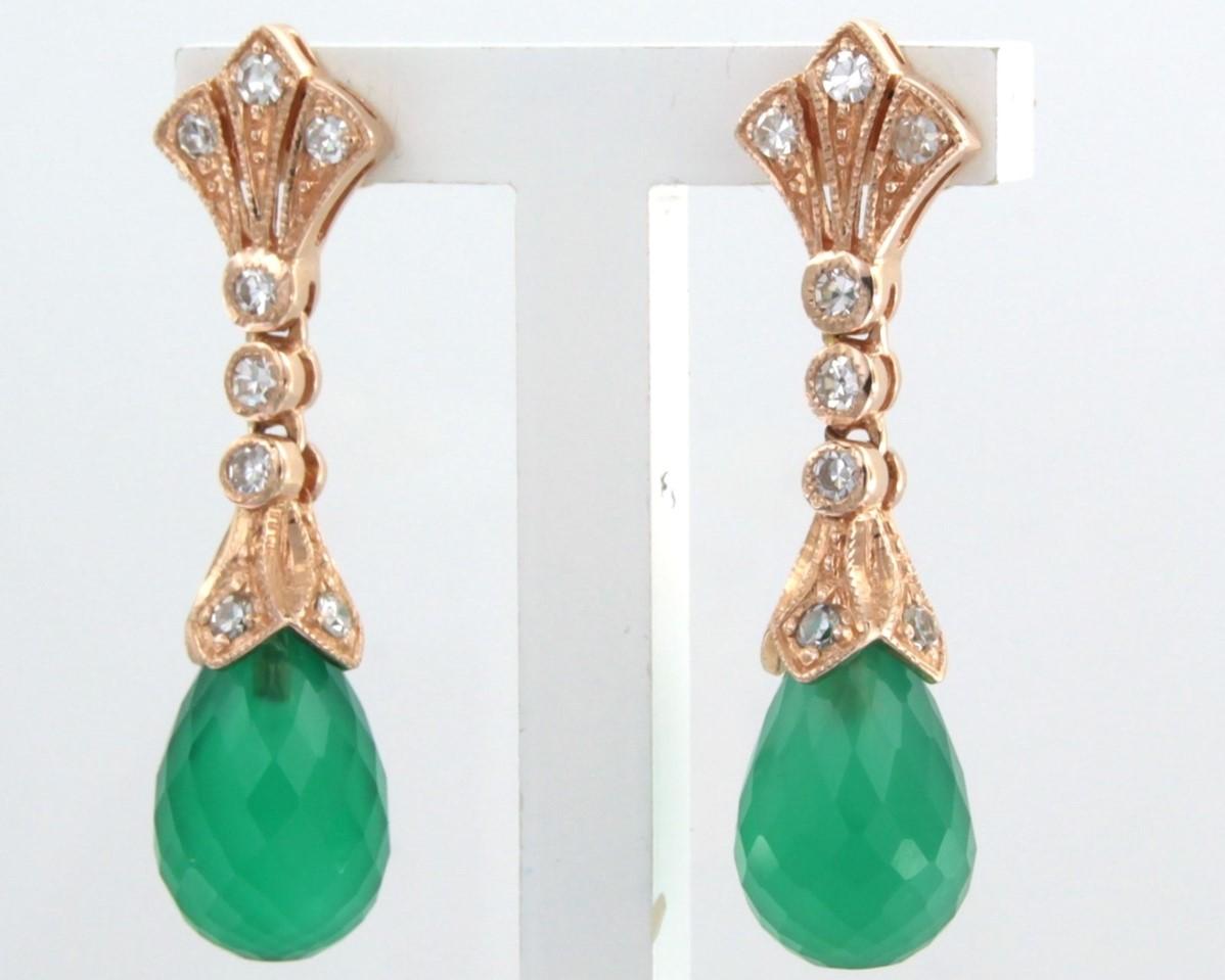 Women's Earrings with green chalcedony and single cut diamonds up to0.45ct 14k pink gold For Sale