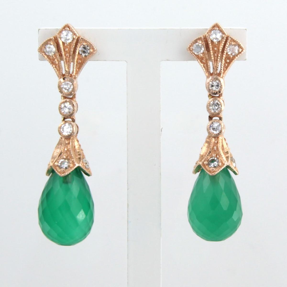 Earrings with green chalcedony and single cut diamonds up to0.45ct 14k pink gold For Sale 1