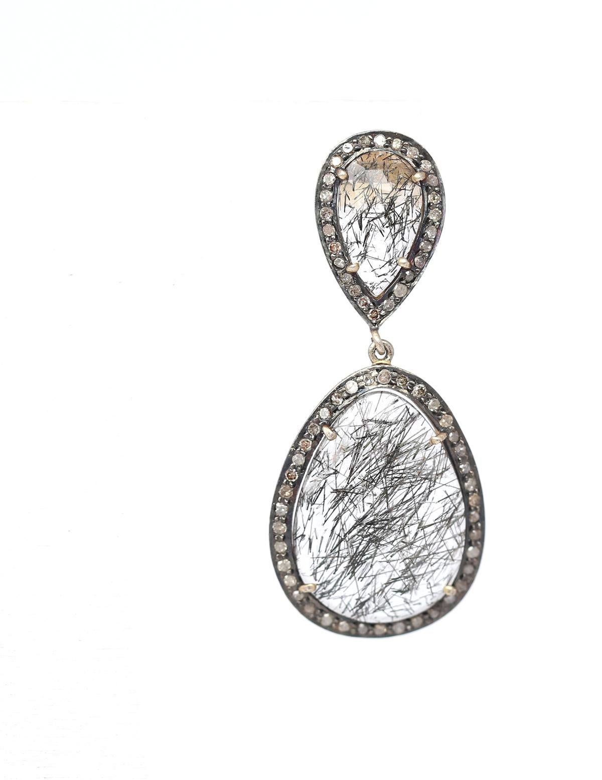 Rose Cut Earrings with Hairy Stone Gold Silver Rose-Cut Diamonds, 1970 For Sale