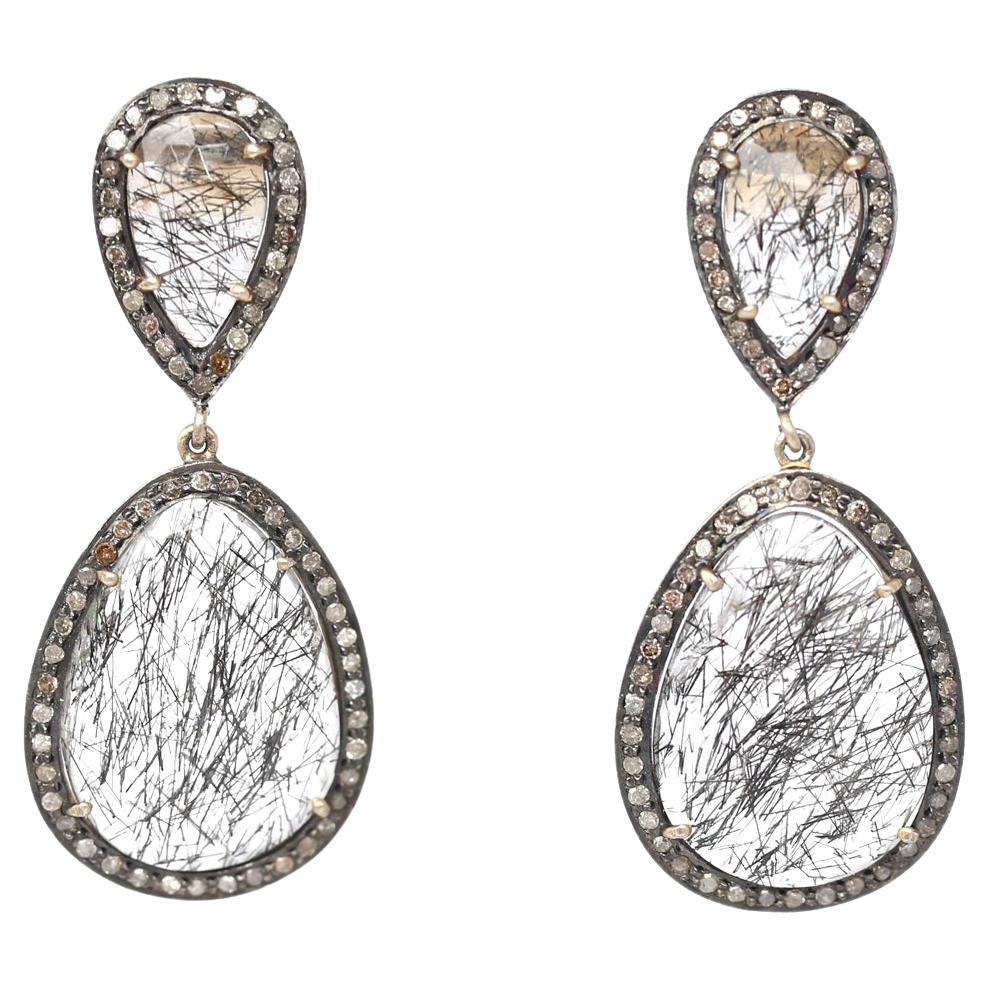 Earrings with Hairy Stone Gold Silver Rose-Cut Diamonds, 1970 For Sale