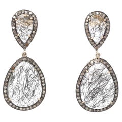 Vintage Earrings with Hairy Stone Gold Silver Rose-Cut Diamonds, 1970