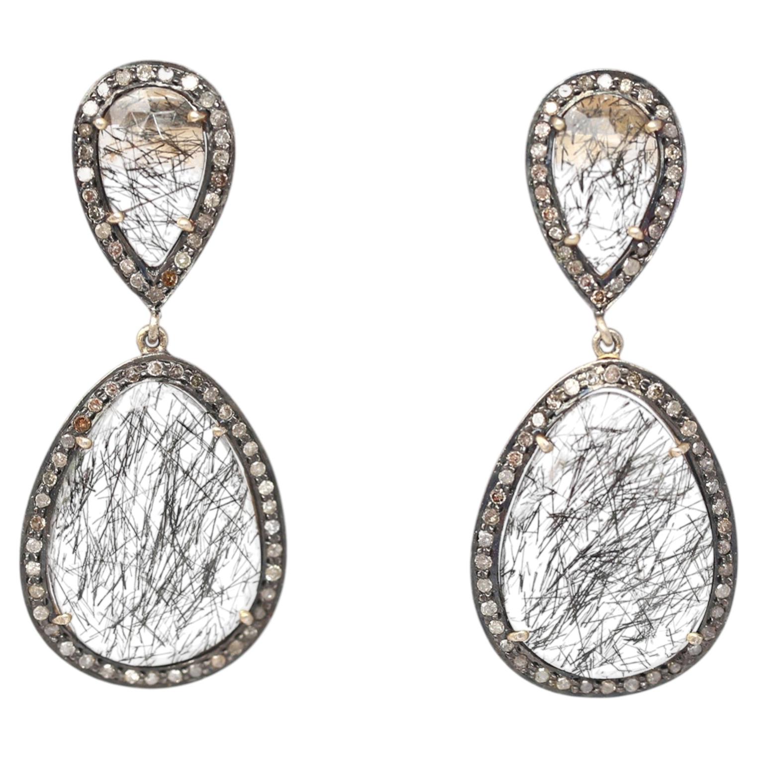 Earrings with Hairy Stone Gold Silver Rose-Cut Diamonds, 1970 For Sale