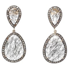 Earrings with Hairy Stone Gold Silver Rose-Cut Diamonds, 1970