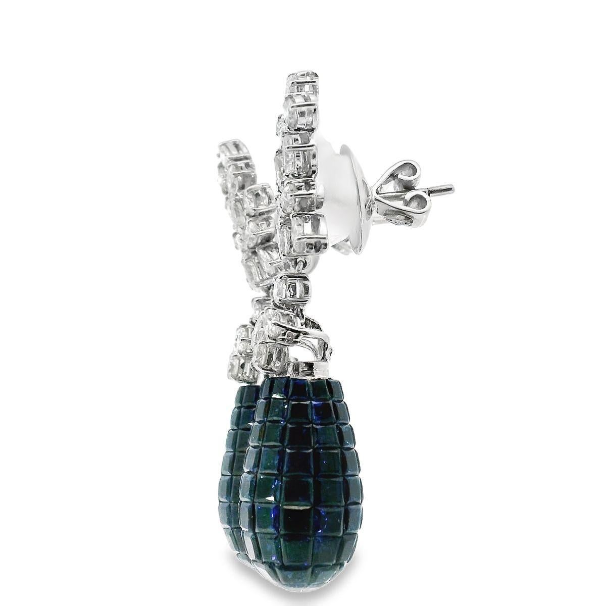 Radiant Cut Earrings with invisibly set sapphire drops 12ct total weight and 3.16 tw diamond For Sale