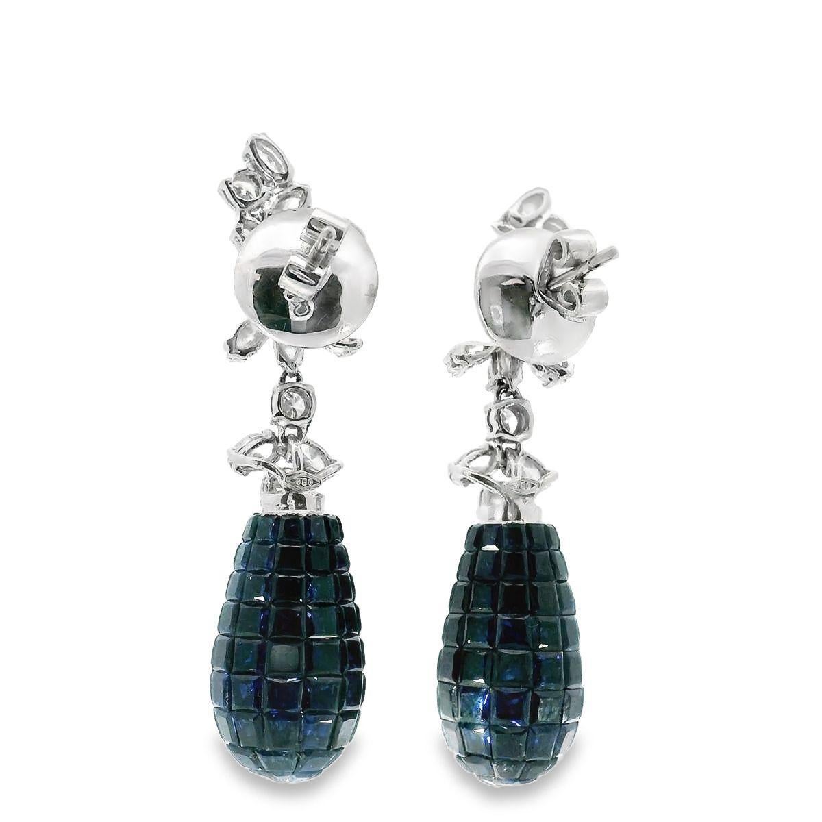 Earrings with invisibly set sapphire drops 12ct total weight and 3.16 tw diamond In New Condition For Sale In Great Neck Plaza, NY