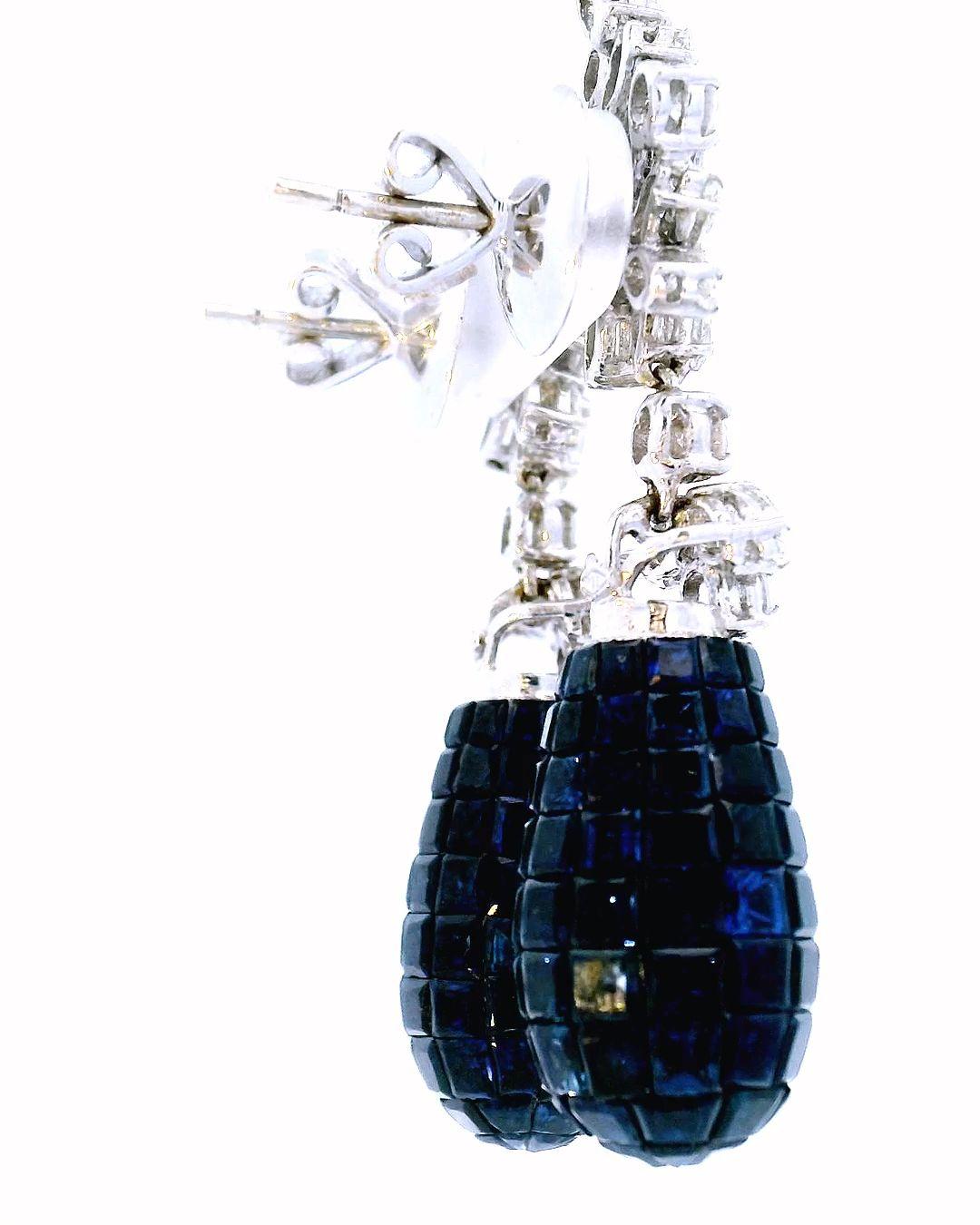 Women's Earrings with invisibly set sapphire drops 12ct total weight and 3.16 tw diamond For Sale
