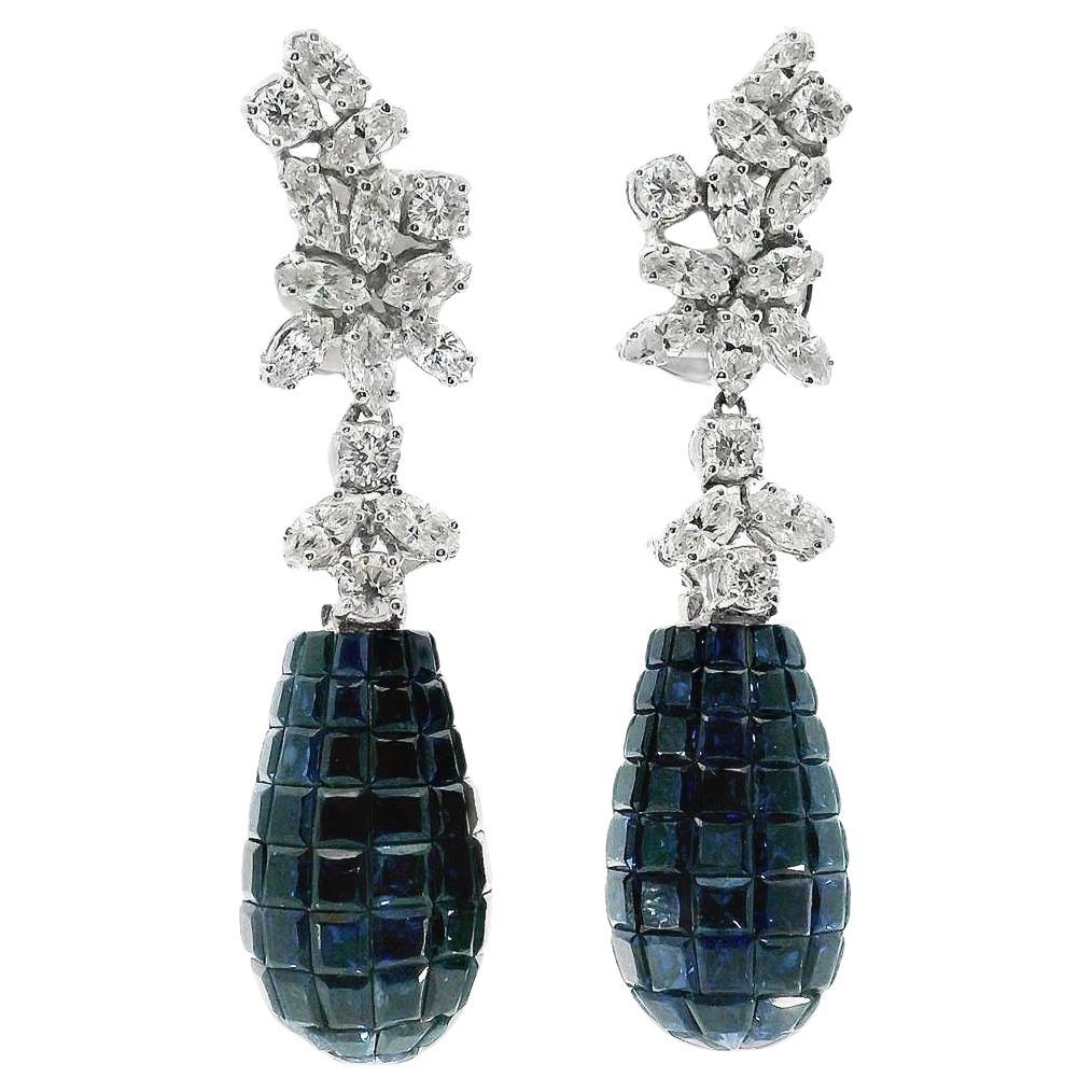 Earrings with invisibly set sapphire drops 12ct total weight and 3.16 tw diamond For Sale