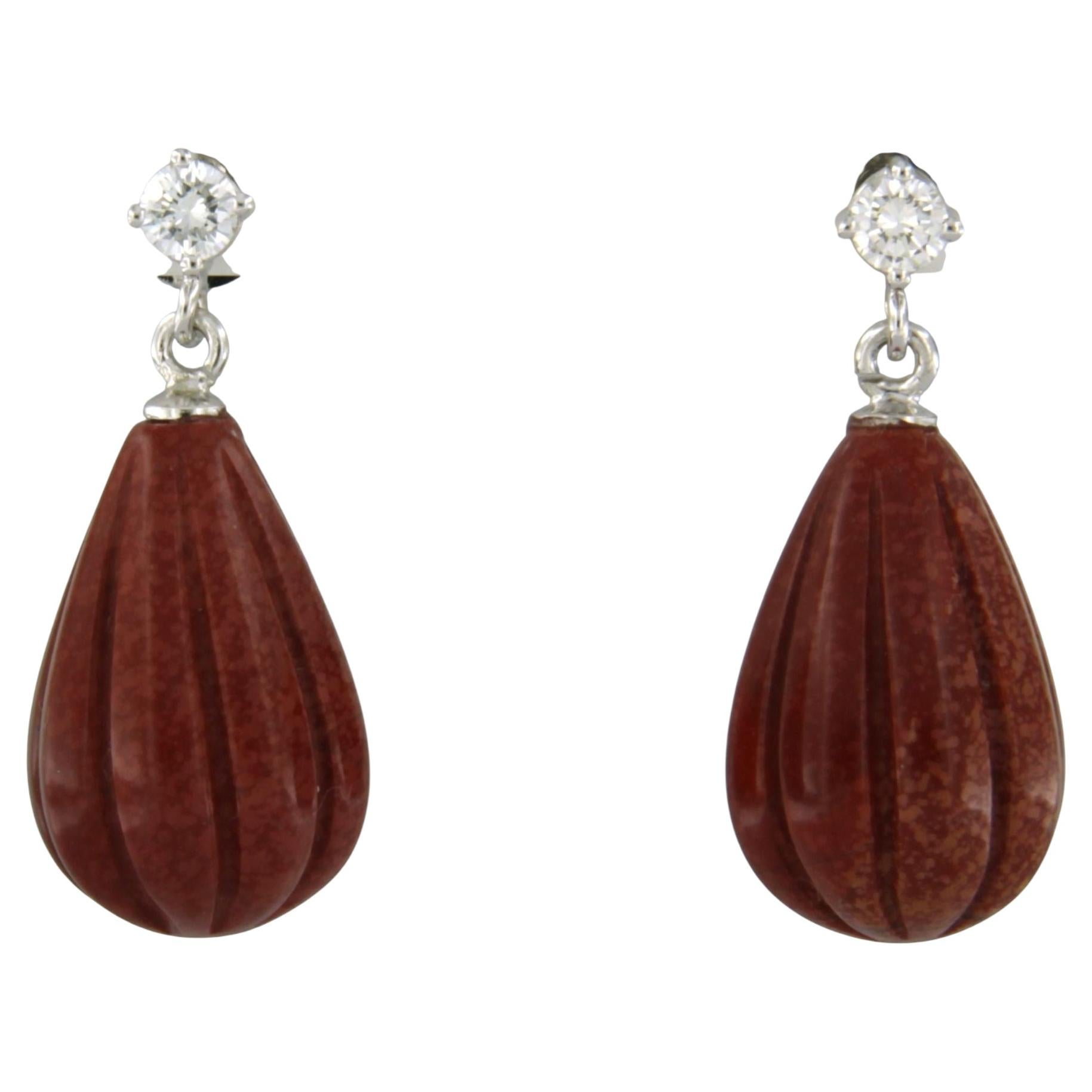 Earrings with jaspis and brilliant cut diamonds up to 0.16ct 18k gold 5.1 grams