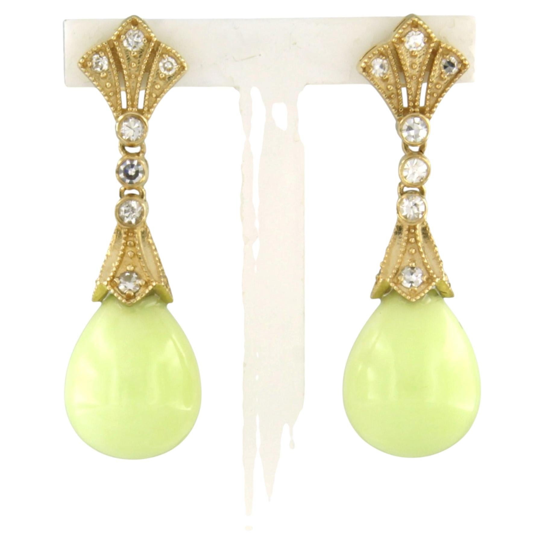 Earrings with lemon chrysophrase and single cut diamonds up to 0.36ct 14k gold