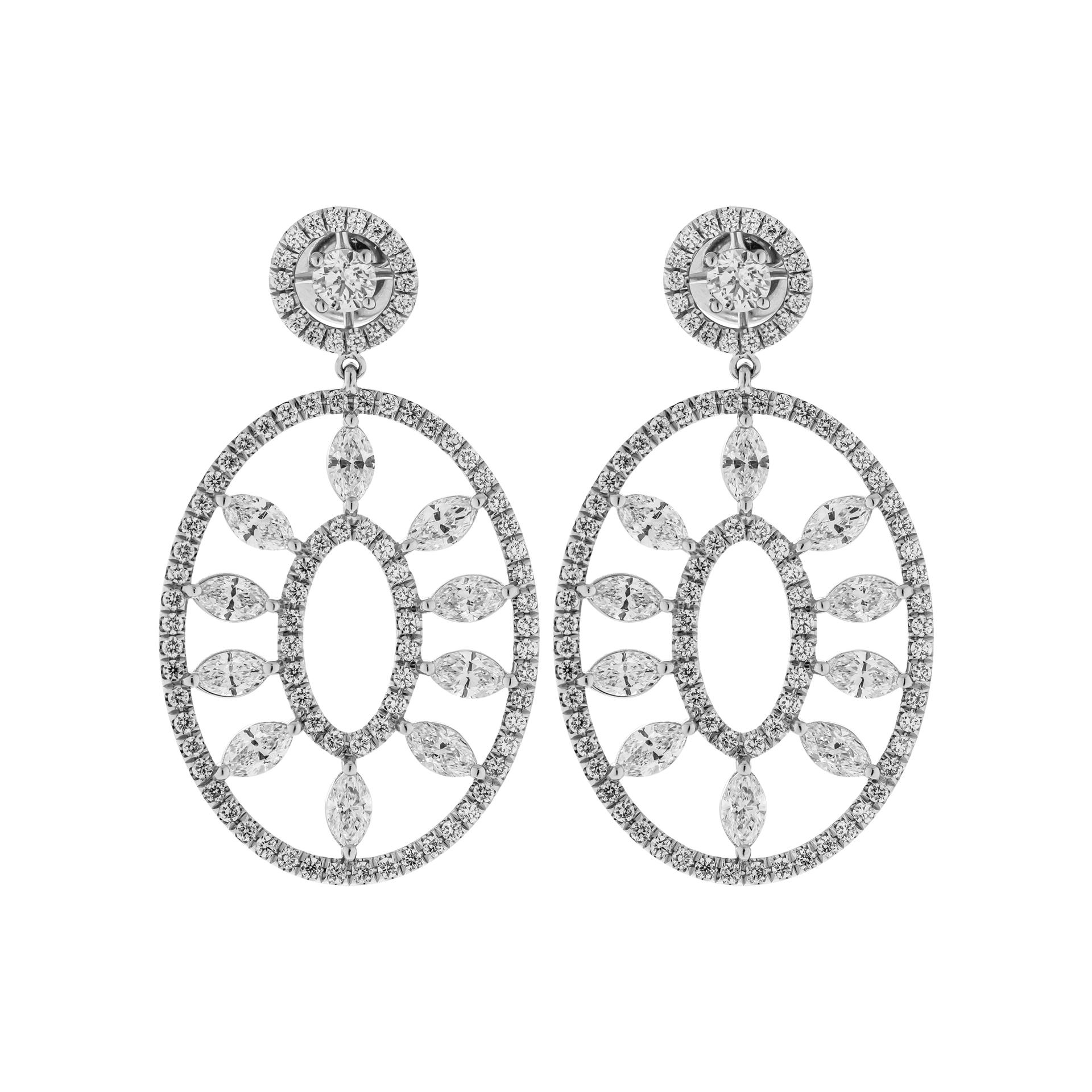 Earrings in Platinum with diamonds
1 round & 1 oval wire earrings with Marquises stones;
Total Carat Weight of Marquises : 3.08ct + 2 round diamonds at the top (0.46ct)
Total Carat Weight of  melee: 1.11ct
20 Marquise diamonds 4.7mm x 3.0mm
Total