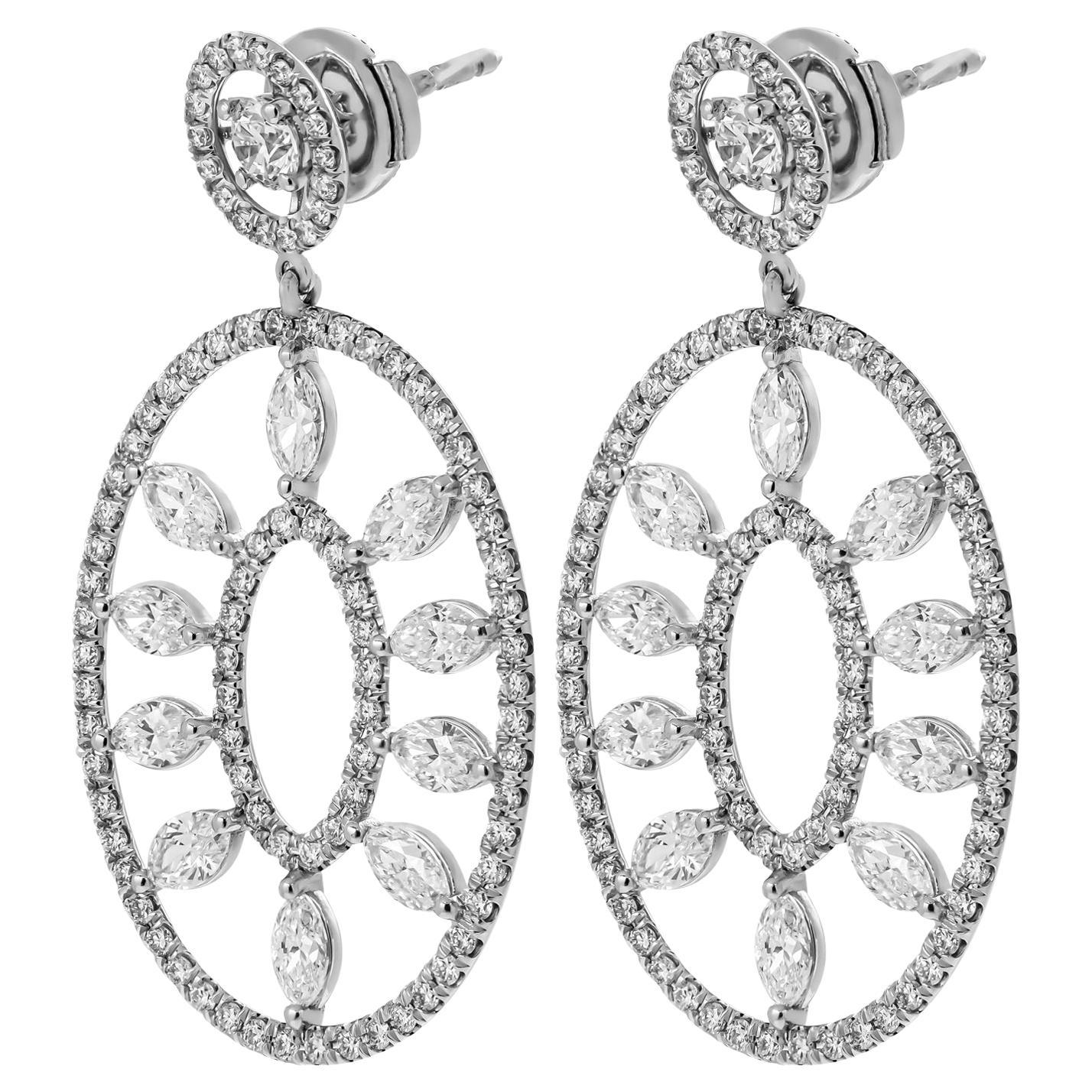 Earrings with Marquise and Round Diamonds in Platinum For Sale