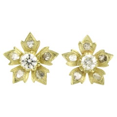Boucles d'oreilles en or jaune 14 carats et diamants taille vieille Europe et rose jusqu'à 0,80 carat