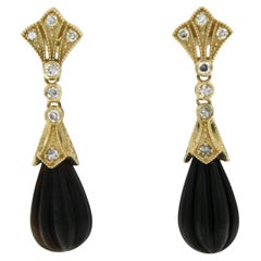 Boucles d'oreilles en or jaune 14 carats avec onyx et diamants taille unique jusqu'à 0,36 carat