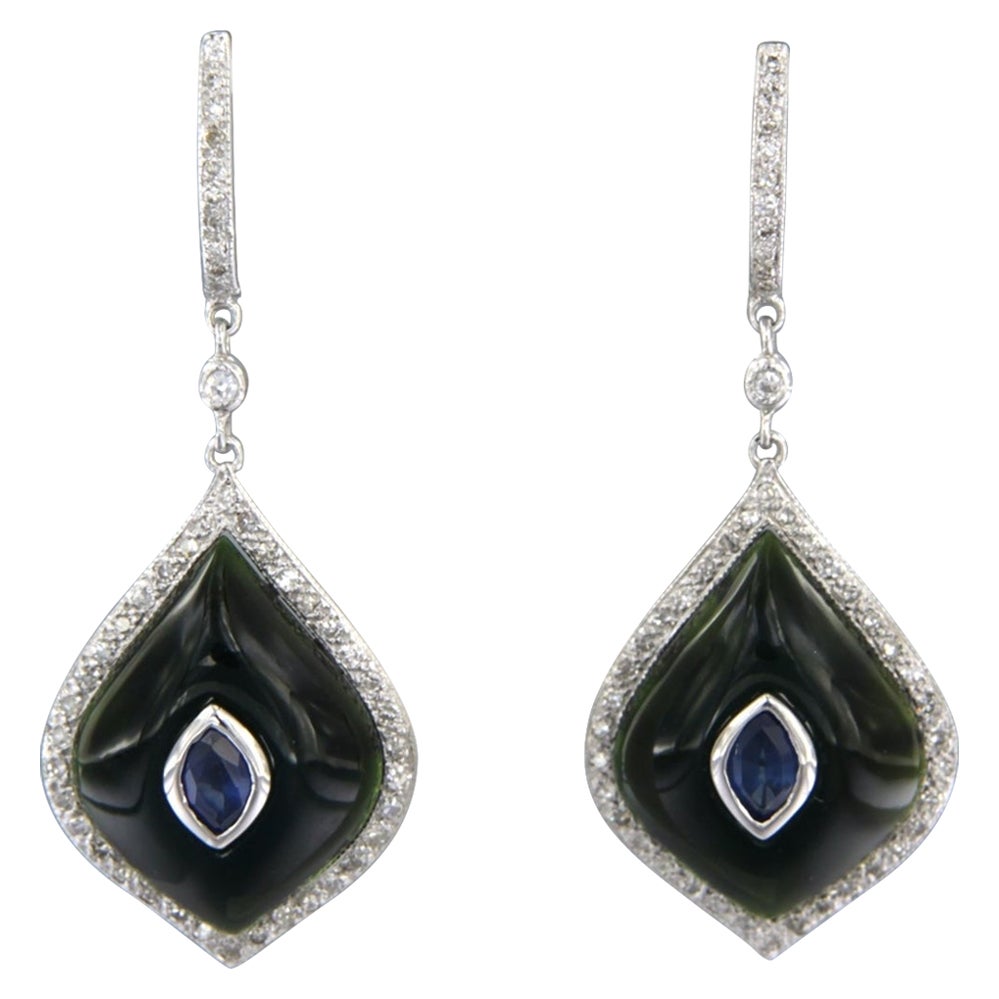 Earrings with onyx, sapphire and single cut diamonds up to 0.40ct 14k gold For Sale