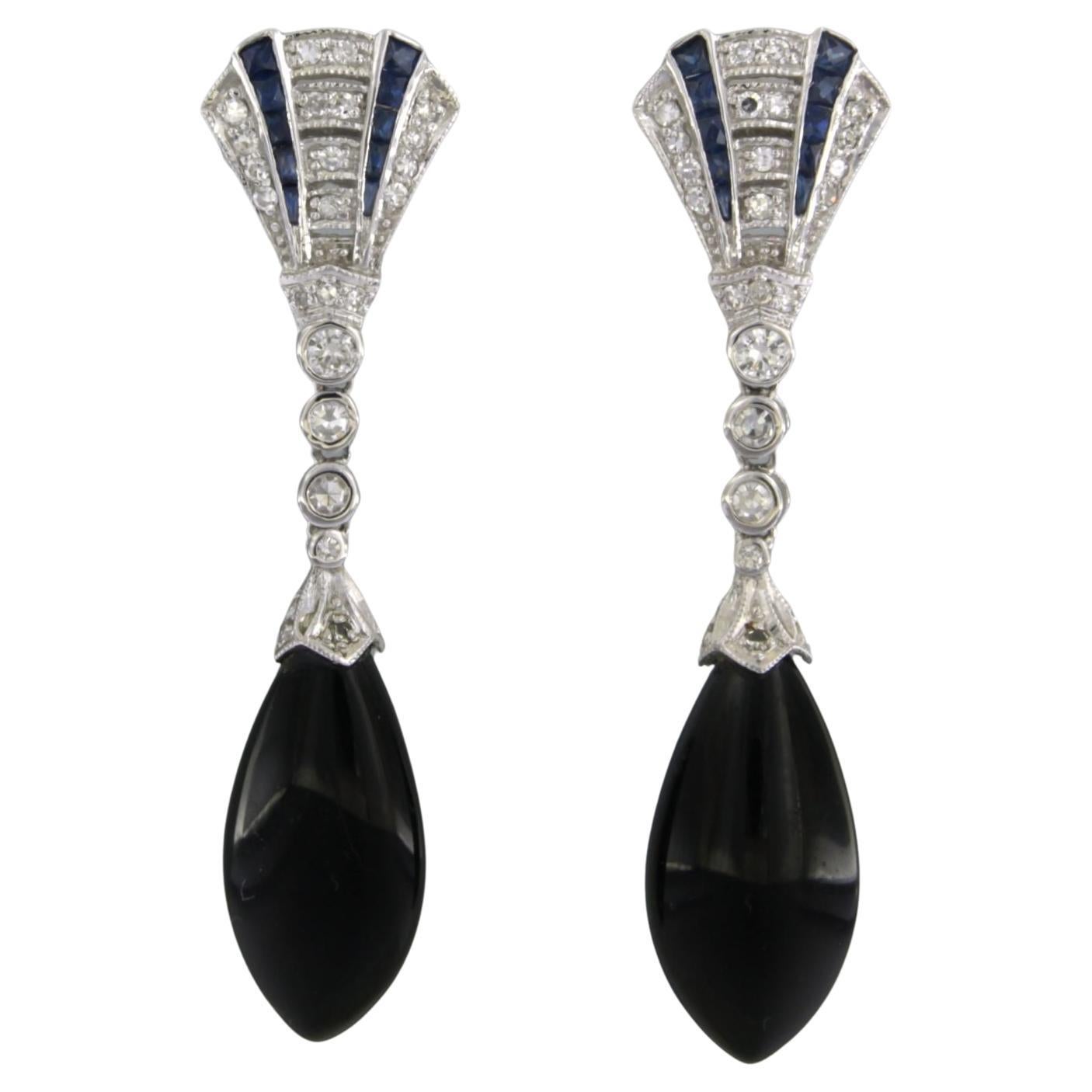 Earrings with onyx, sapphire and single cut diamonds up to 0.52ct 14k white gold