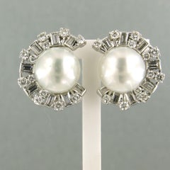 Boucles d'oreilles avec perle et diamant taille baguette et brillant jusqu'à 2,40ct or 18k