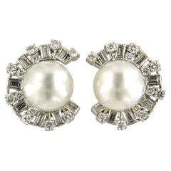 Boucles d'oreilles avec perle et diamant taille baguette et brillant jusqu'à 2,40ct or 18k