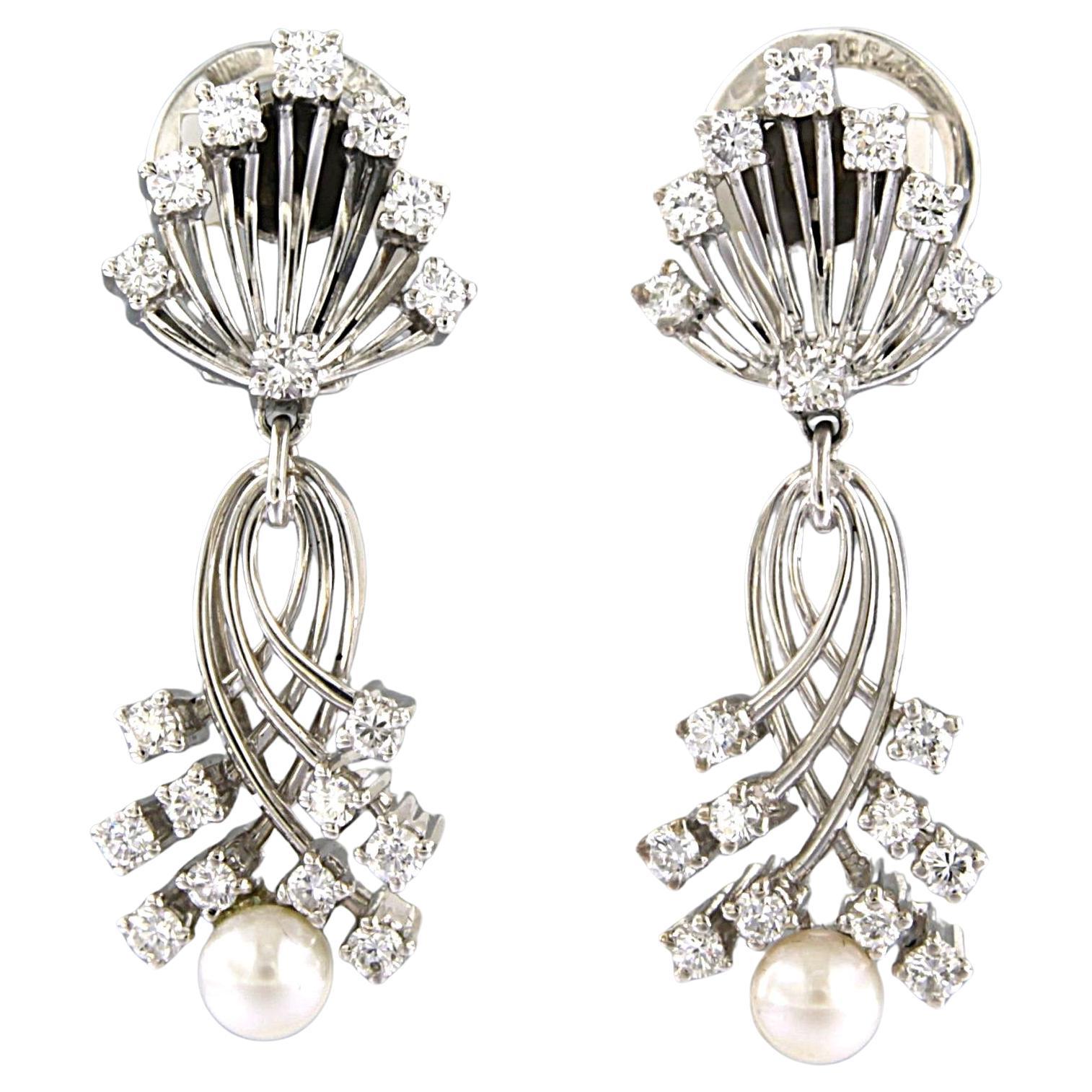 Earrings with pearl and brilliant cut diamonds up to 1.20ct 18k white gold