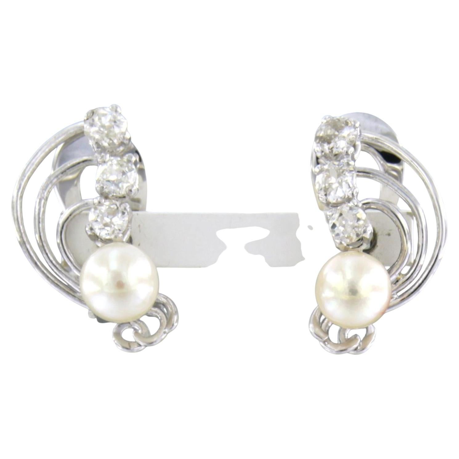 Earrings with pearl and old mine cut diamonds up to 0.80ct 14k gold and platinum For Sale