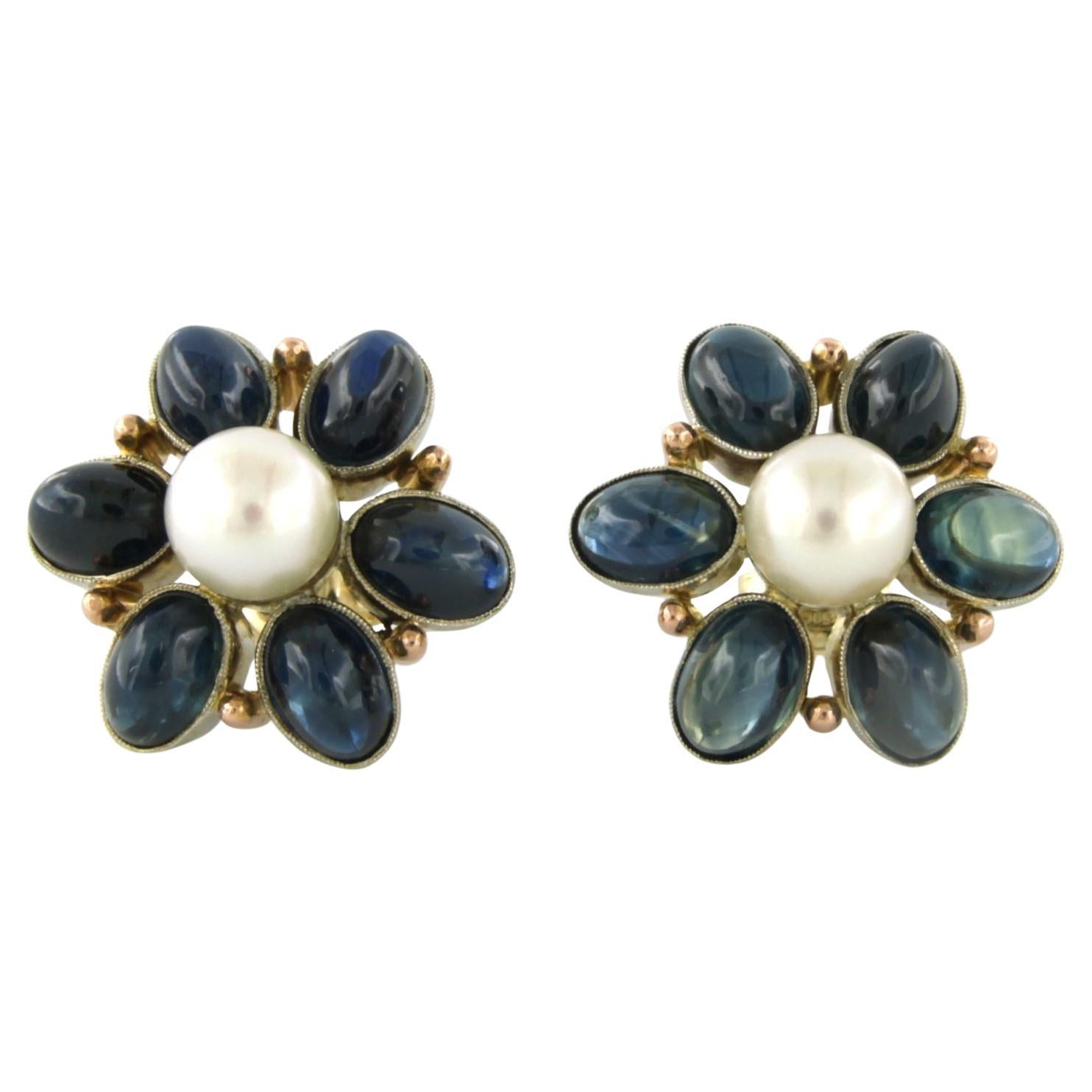 Earrings with pearl and sapphire 10.8 grams 14k bicolour gold