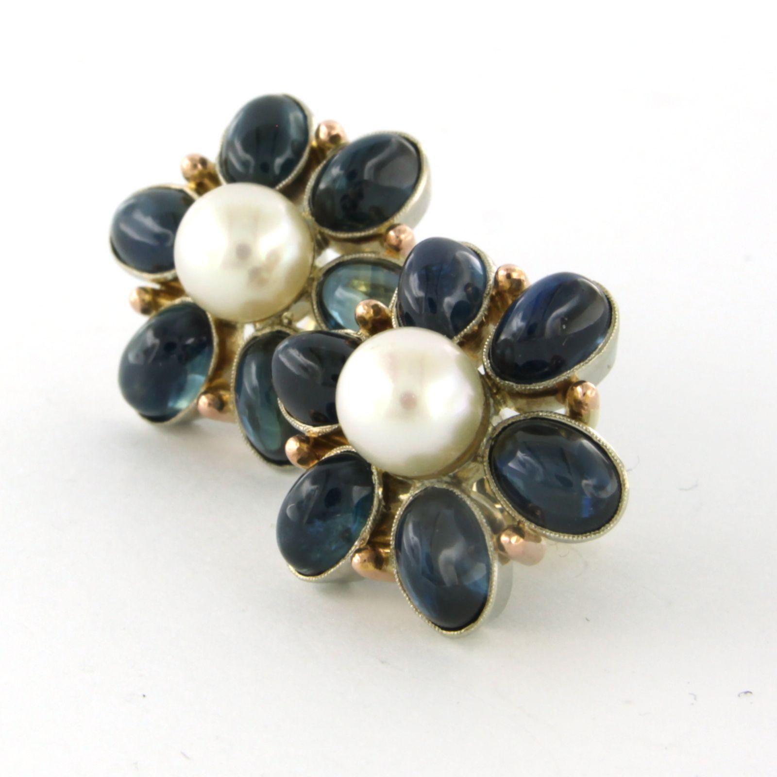 Cabochon Earrings with pearl and sapphire 10.8 grams 14k gold For Sale
