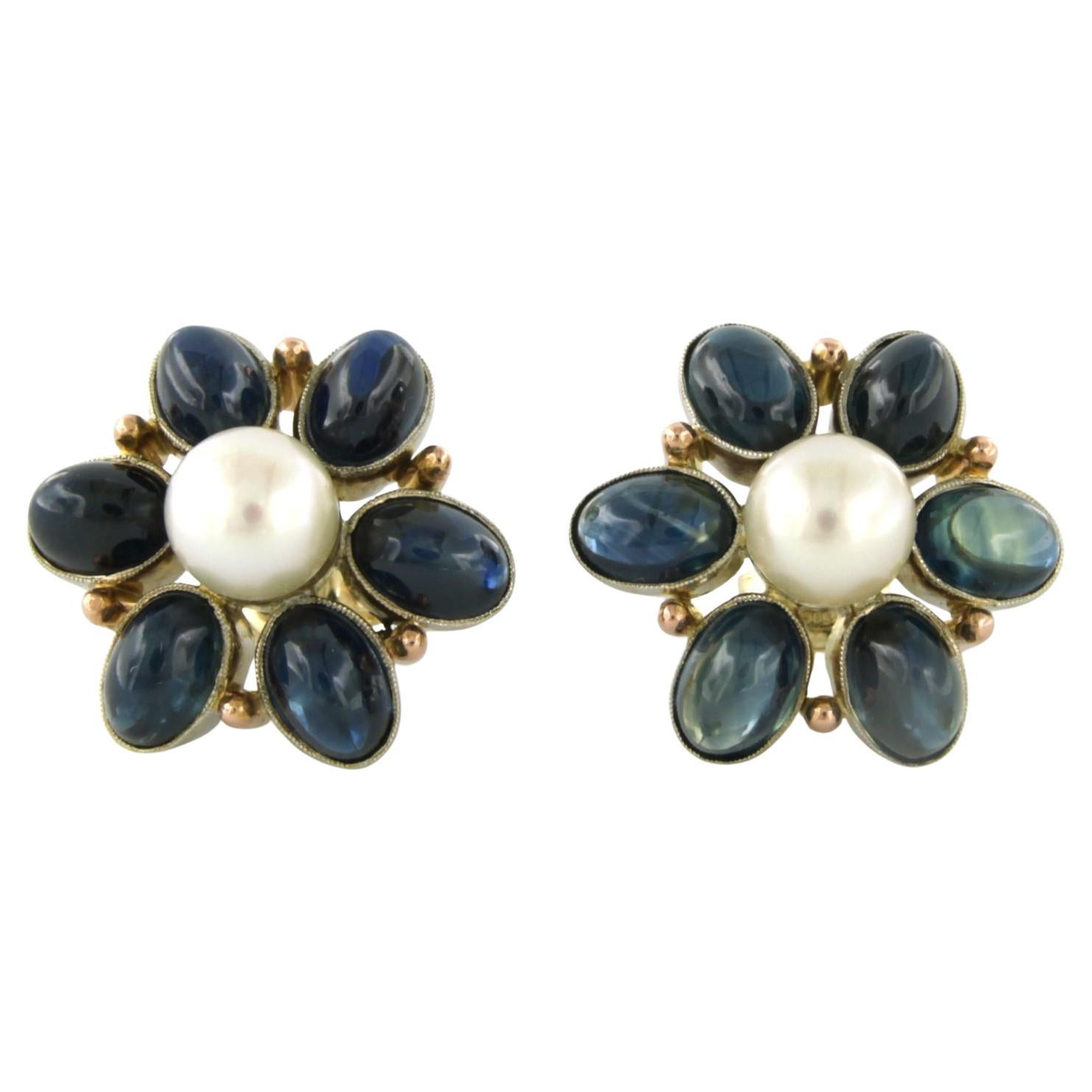 Earrings with pearl and sapphire 10.8 grams 14k gold For Sale