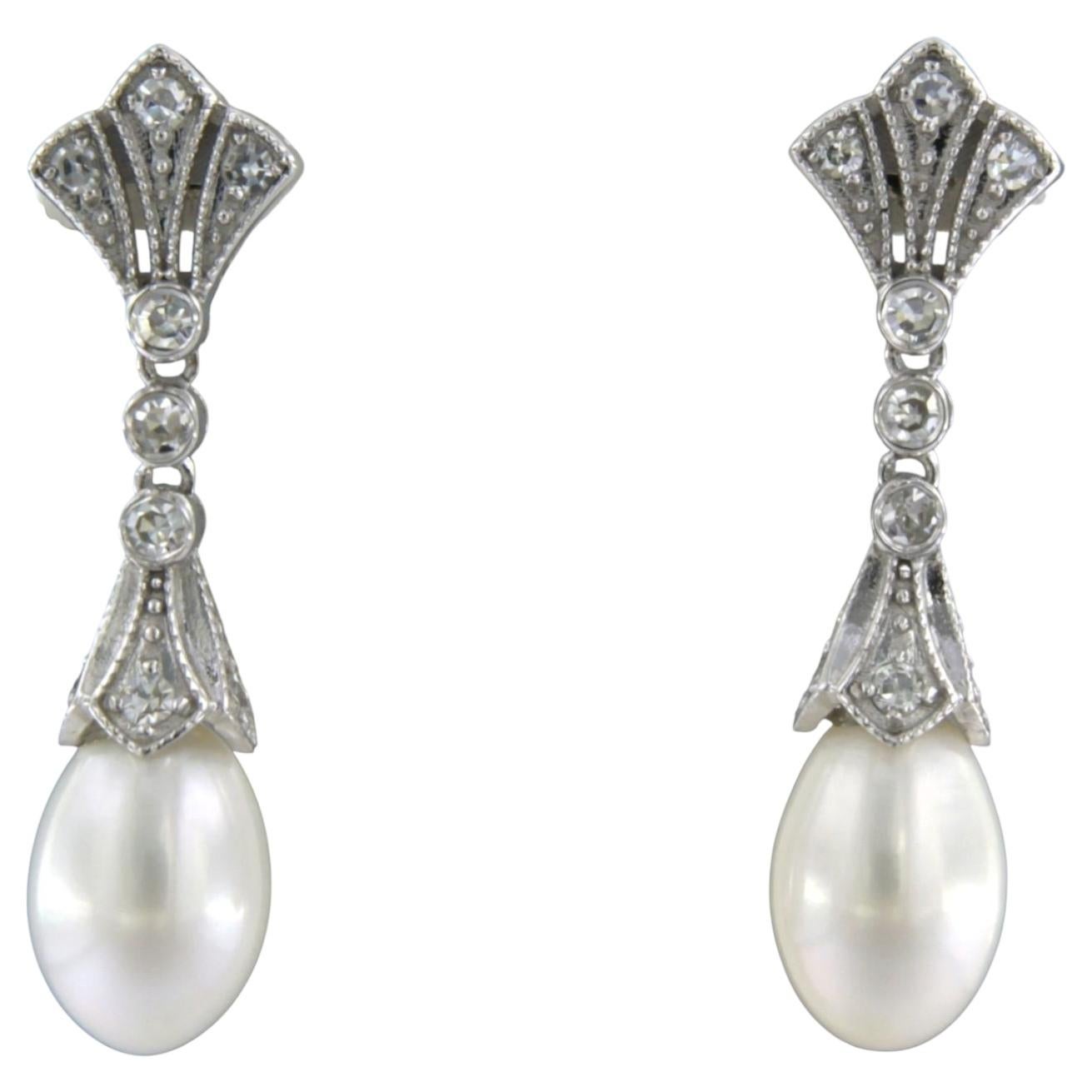 Earrings with pearl and single cut diamonds up to 0.20ct 14k gold 4.3 grams