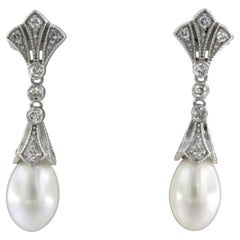Pendientes con perla y diamantes talla única hasta 0,20 ct Oro de 14k 4,3 gramos