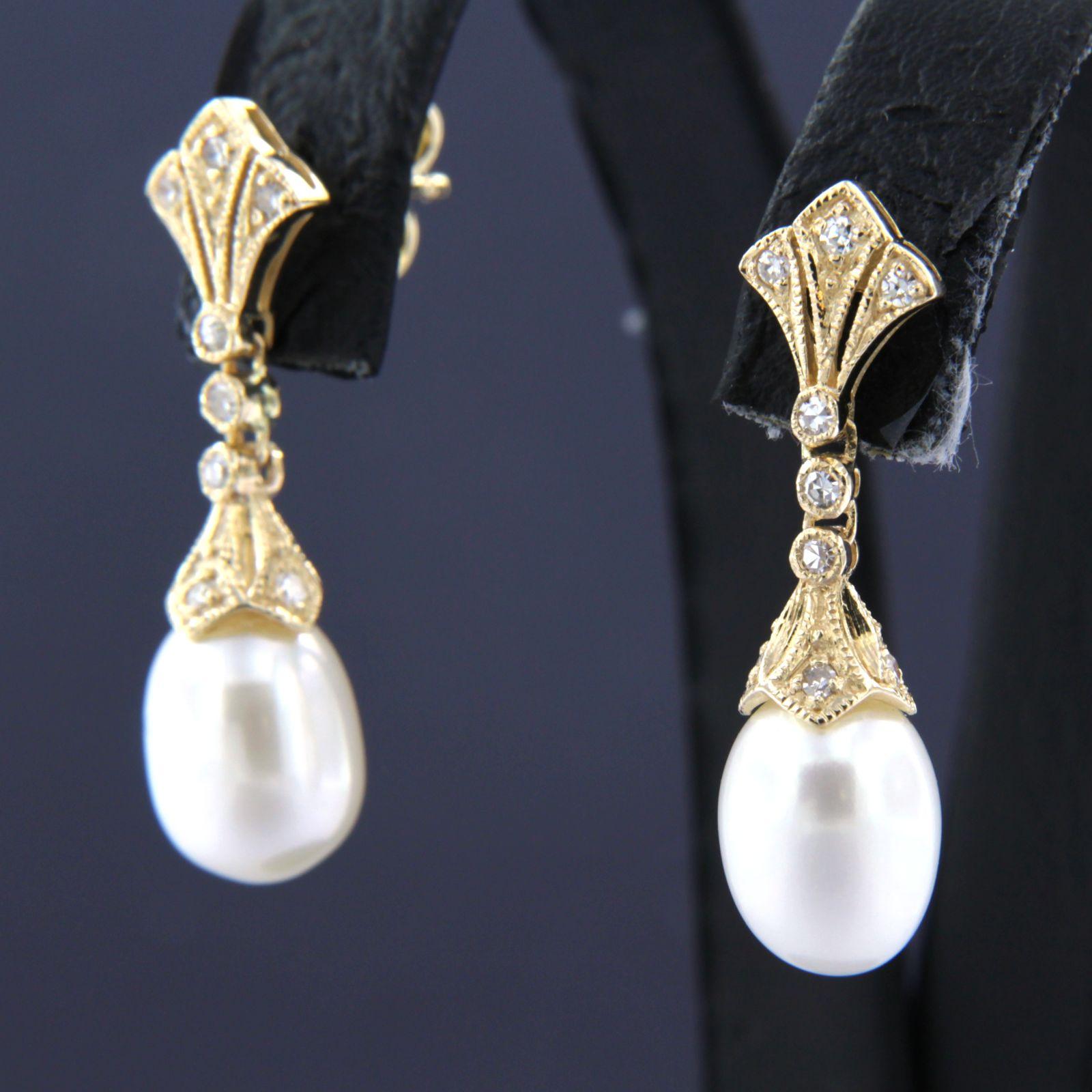 Earrings with pearl and single cut diamonds up to 0.30ct 14k yellow ...