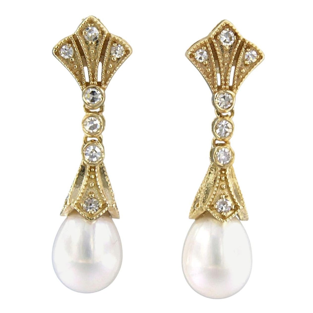 Boucles d'oreilles en or jaune 14 carats avec perles et diamants taille unique jusqu'à 0,32 carat