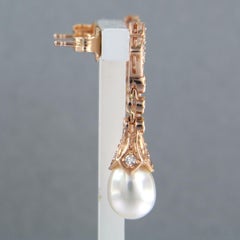 Pendientes con perla y diamantes talla única hasta 0,34 ct Oro de 14k 4,5 gramos
