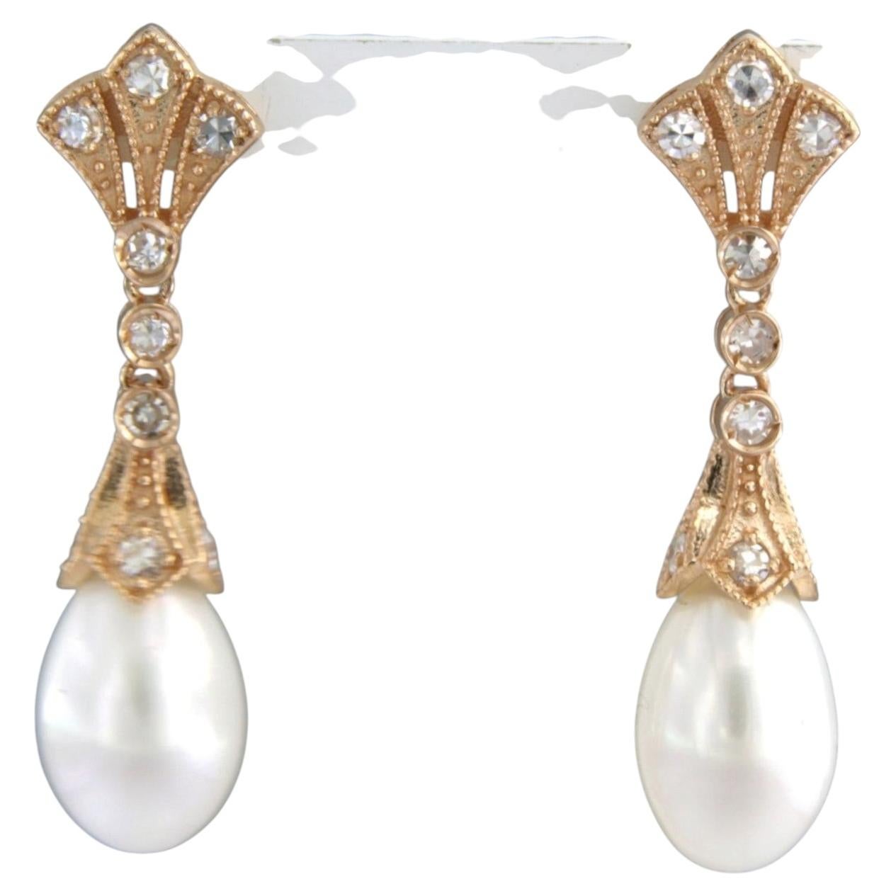 Ohrringe mit Perle und Diamanten im Einzelschliff bis zu 0,34 Karat 14k Gold 4,5 Gramm