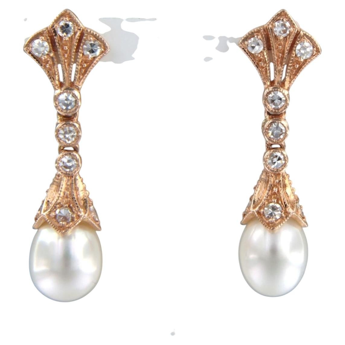 Earrings with pearl and single cut diamonds up to 0.34ct 14k gold 4.5 grams