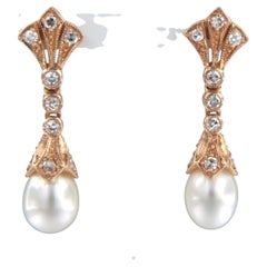 Pendientes con perla y diamantes talla única hasta 0,34 ct Oro de 14k 4,5 gramos