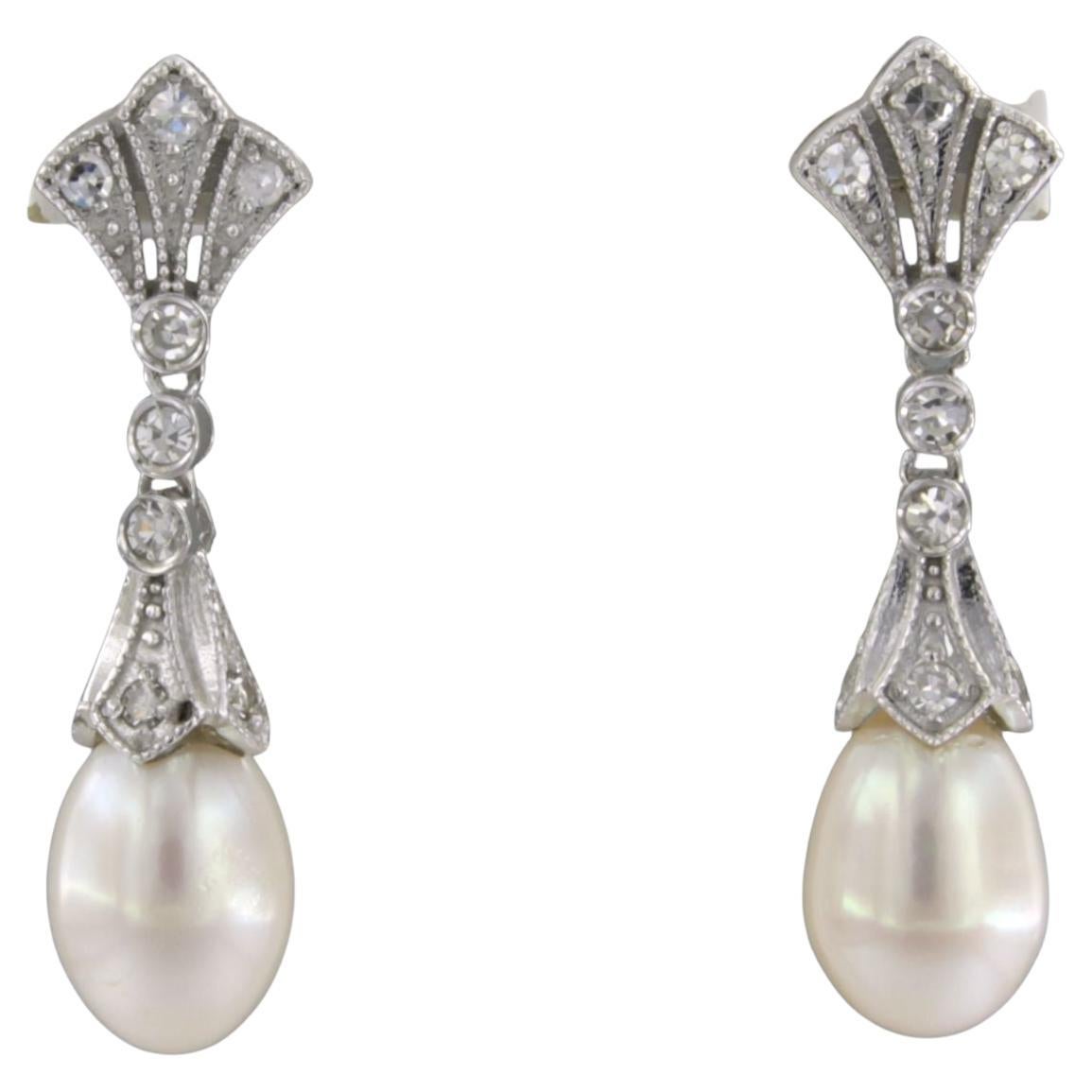 Earrings with pearl ans single cut diamonds up to 0.30ct 14k gold 4.3 grams For Sale
