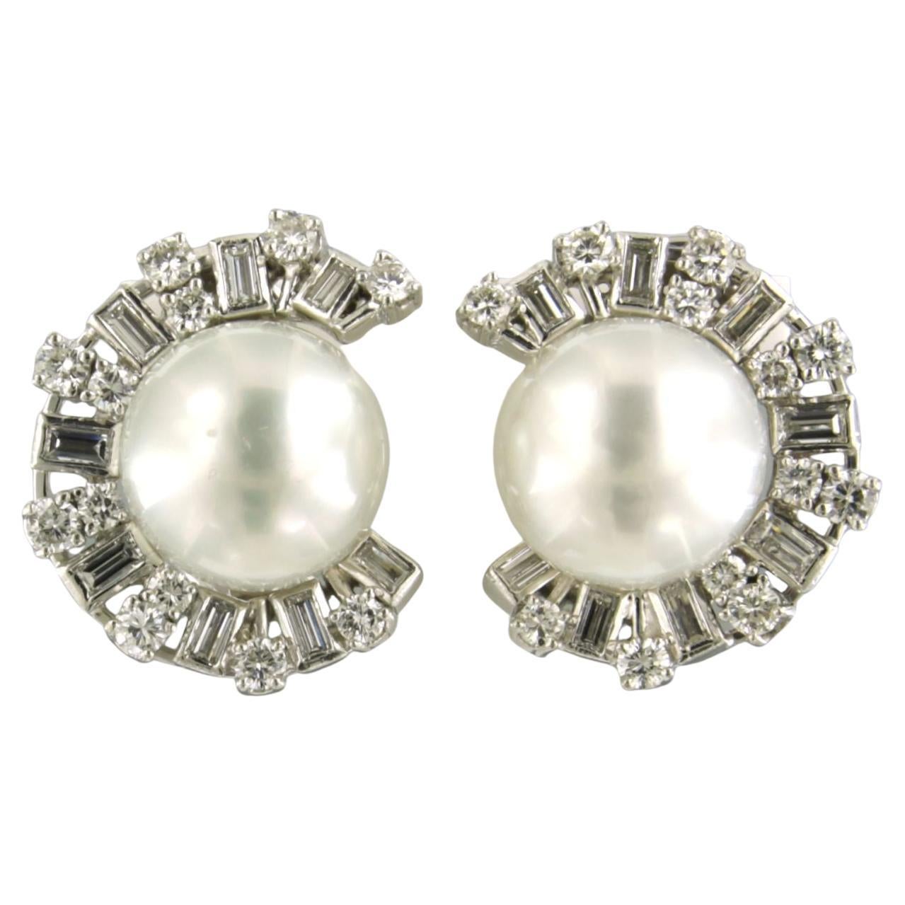 Earrings with pearl, baguette and brilliant cut diamond up to 2.40ct 18k gold