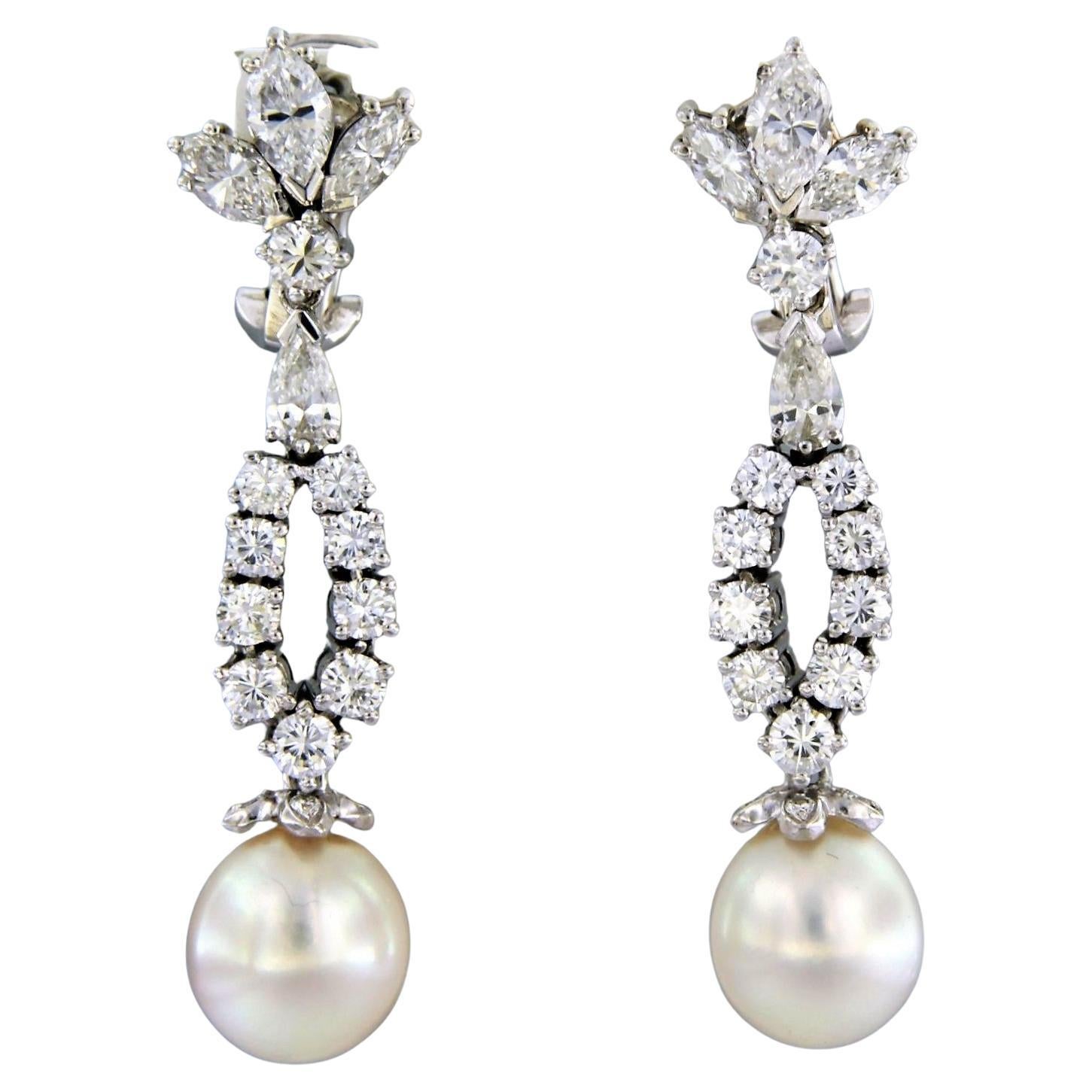 Earrings with pearl, brilliant and marquise cut diamonds up to 3.50ct 18k gold