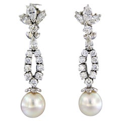 Earrings with pearl, brilliant and marquise cut diamonds up to 3.50ct 18k gold